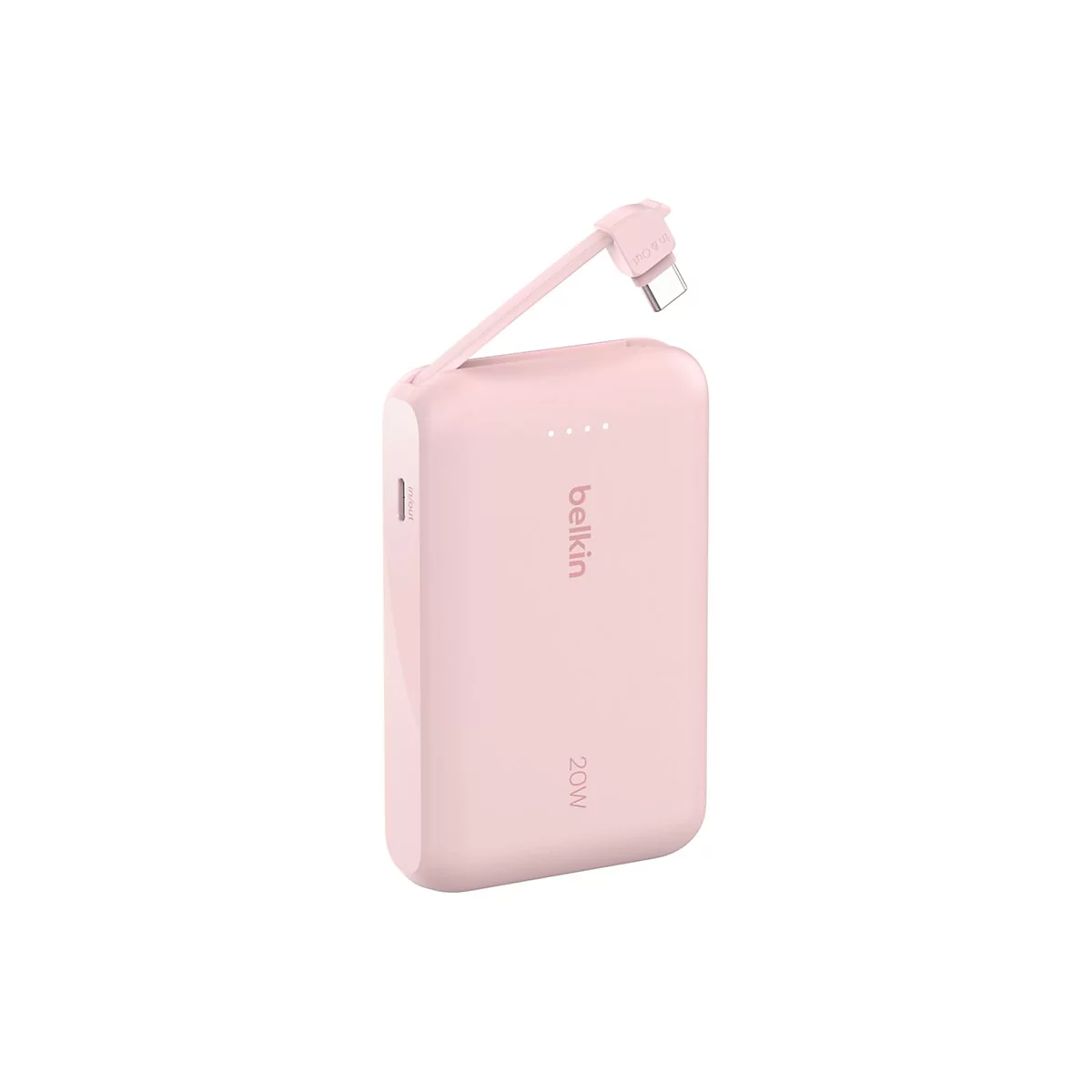 Batterie externe Belkin rose clair avec câble de chargement attaché.