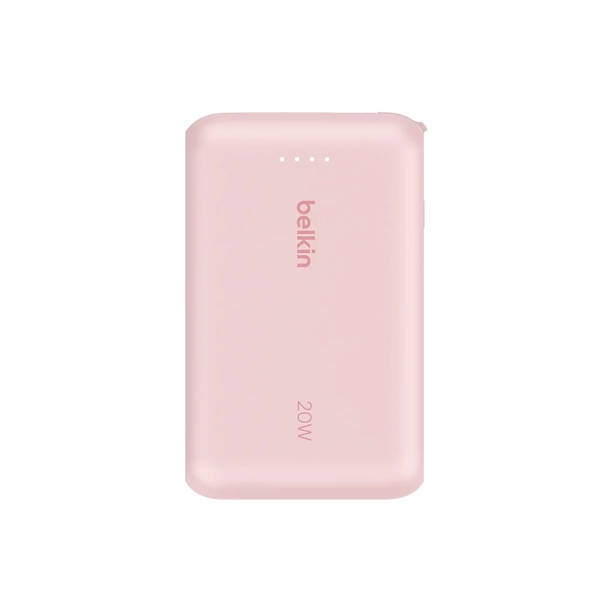 Batterie externe Belkin rose clair. Quatre petites LED en haut, lettrage Belkin, 20W en dessous.