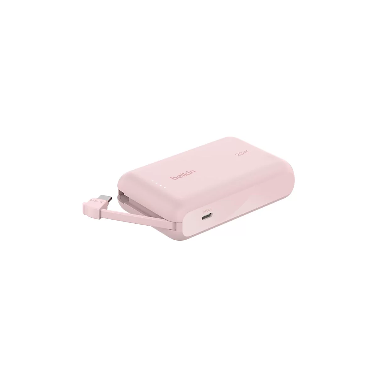Batterie externe rose clair avec câble rétractable, marque Belkin, 20W. Inscription In & Out sur le câble.
