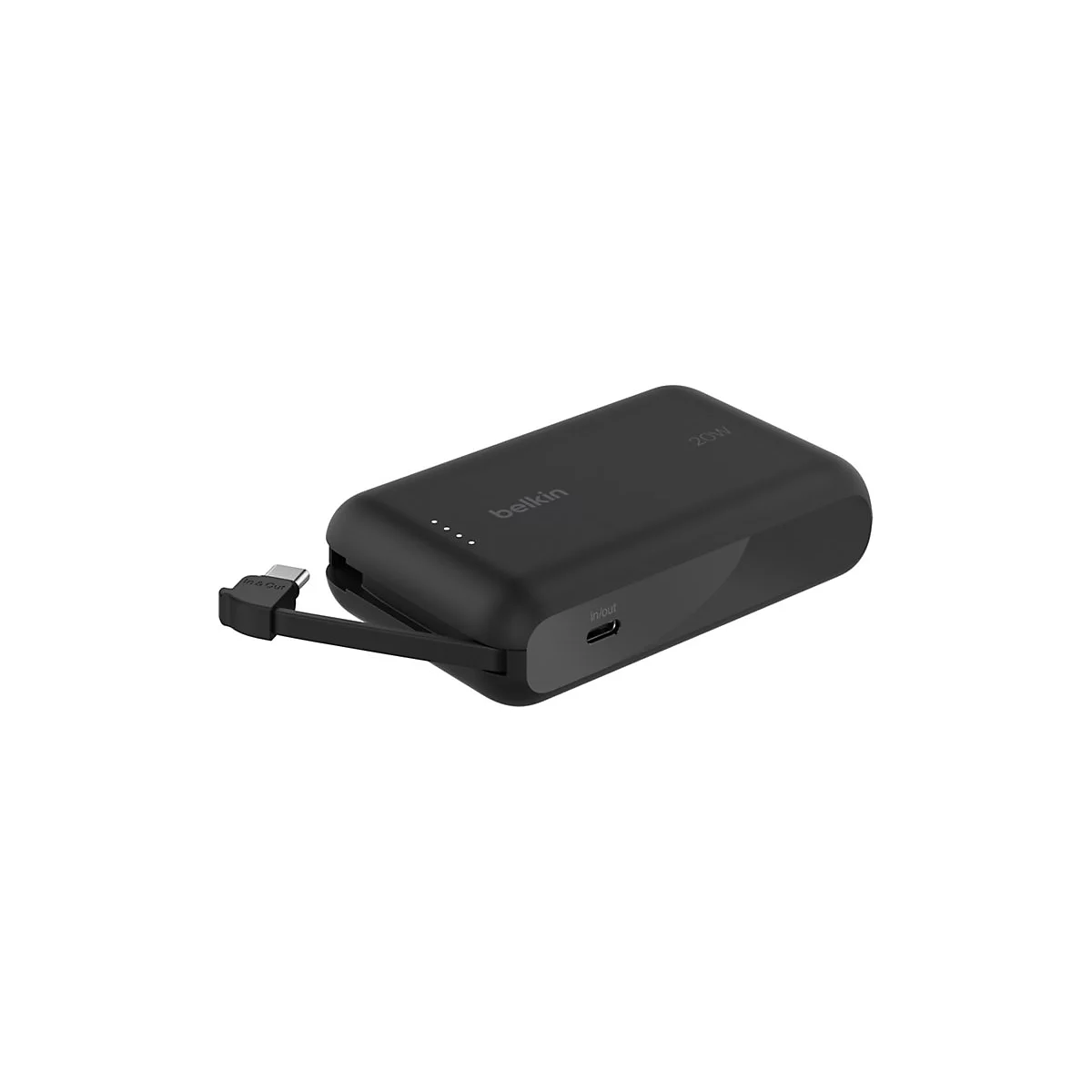 Batterie externe noire Belkin avec câble de charge rétractable et texte 20W.