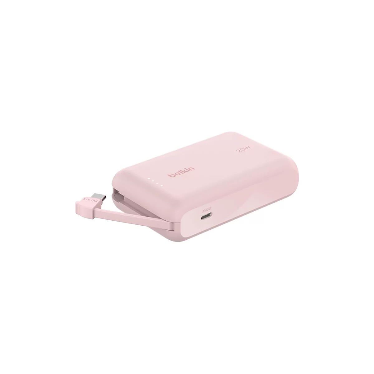 Batterie externe Belkin rose clair avec câble de charge attaché et étiquette 20W.