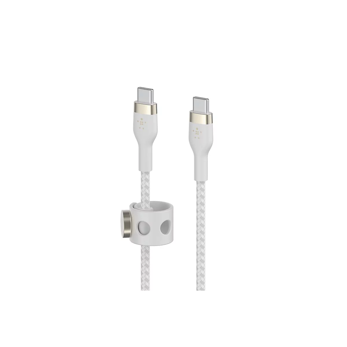 Deux câbles USB-C blancs avec des cordons tressés et un support magnétique sur fond blanc.
