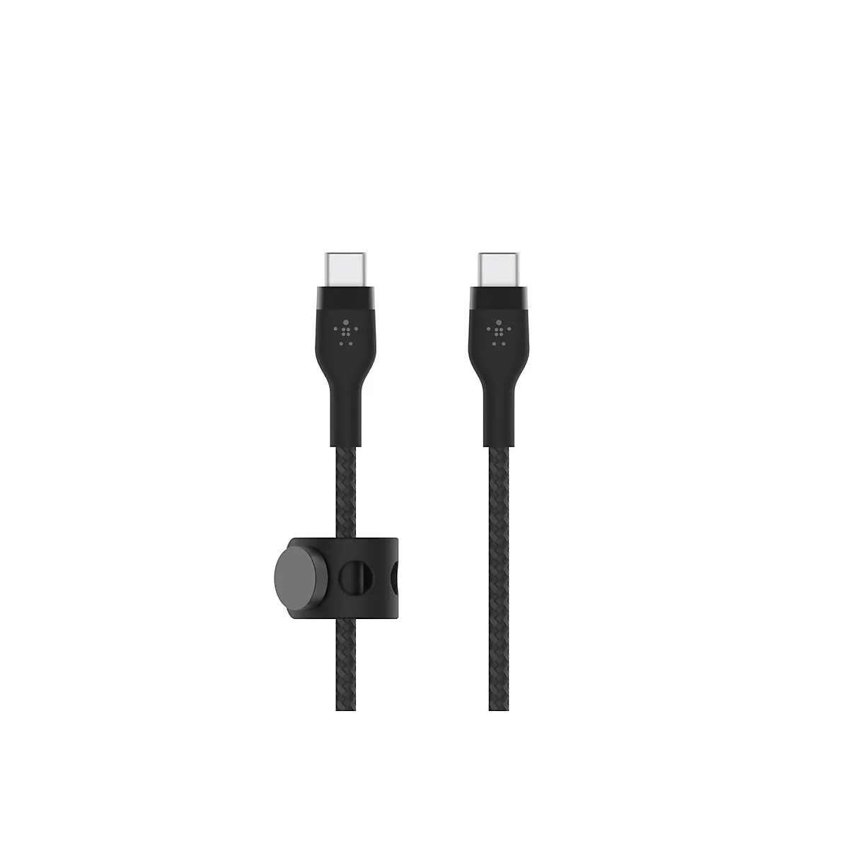 Deux câbles USB-C noirs sur fond blanc. L'un avec une pince pour câble.