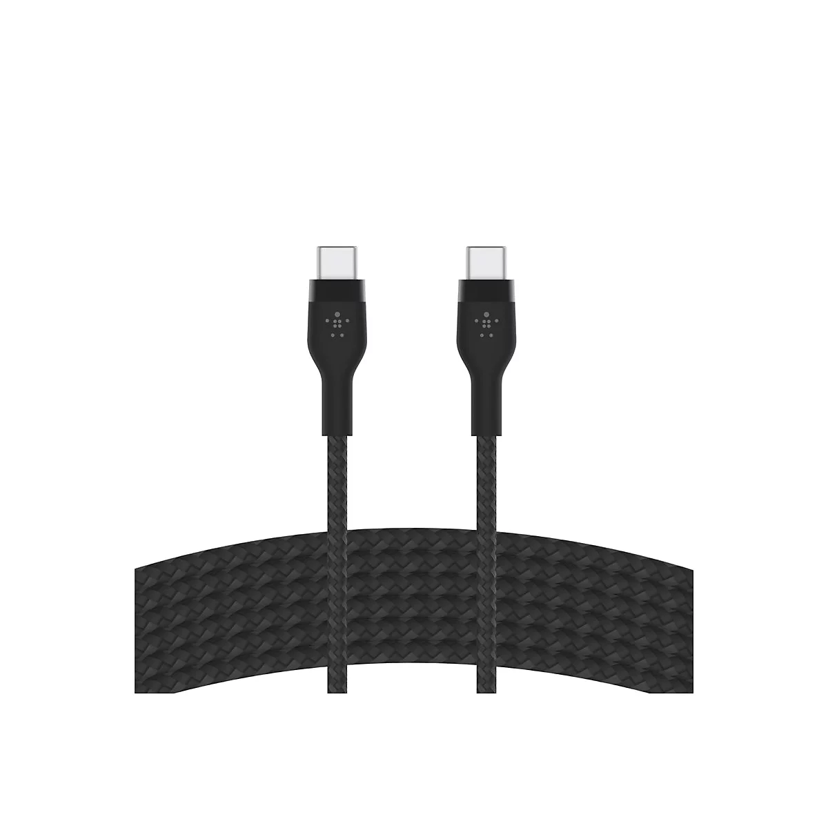 Un câble USB-C noir sur fond blanc. Les deux extrémités sont visibles, avec un câble tressé.