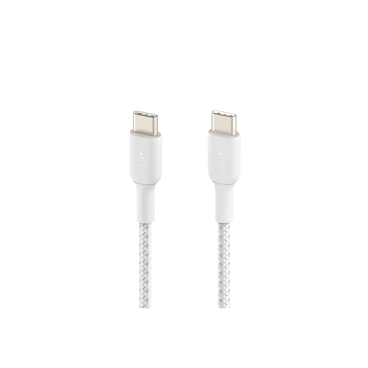 Deux câbles USB-C blancs côte à côte. Les extrémités des câbles sont argentées, les câbles eux-mêmes sont blancs avec une texture tressée.