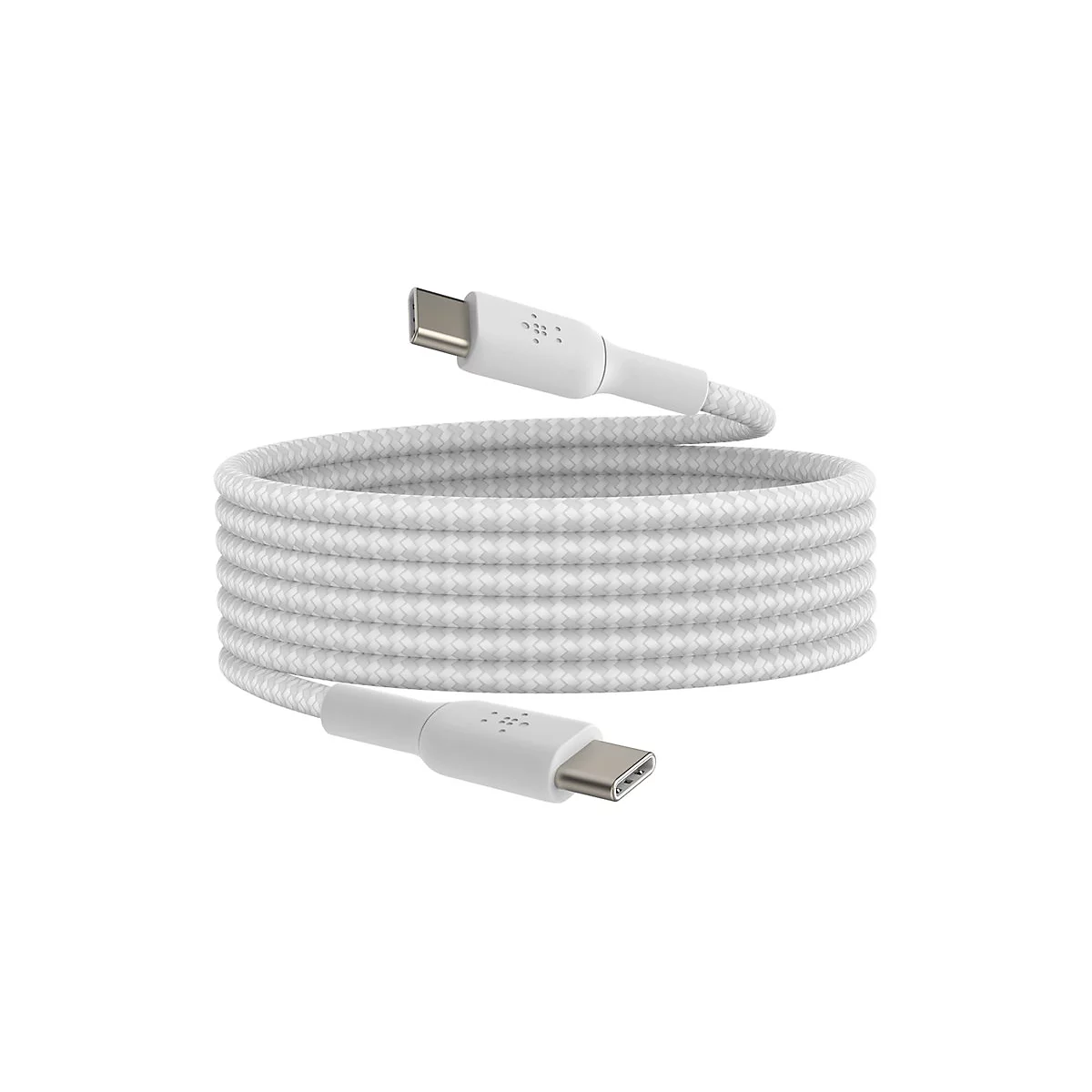 Câble USB-C blanc, enroulé, sur fond blanc. Connecteurs aux deux extrémités.