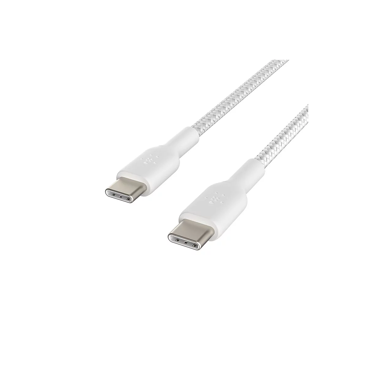 Câble USB-C blanc avec câble tressé. Il y a des boîtiers en plastique blanc aux deux extrémités.