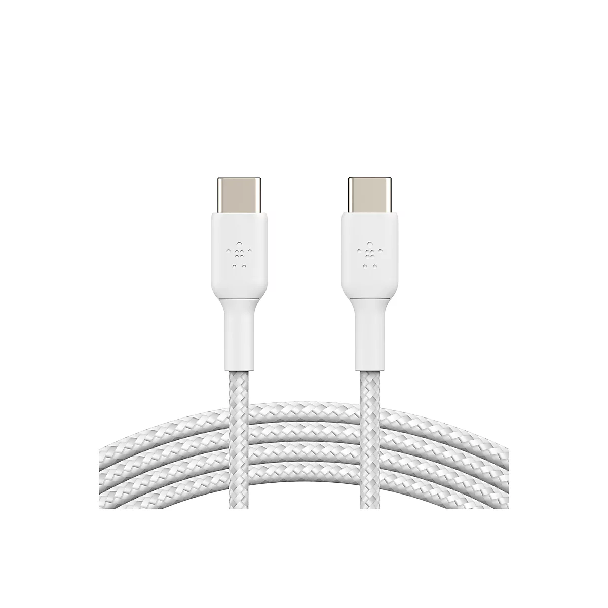 Un câble USB-C blanc sur fond blanc. Deux extrémités avec connecteurs USB-C, entre les deux un câble tressé blanc.