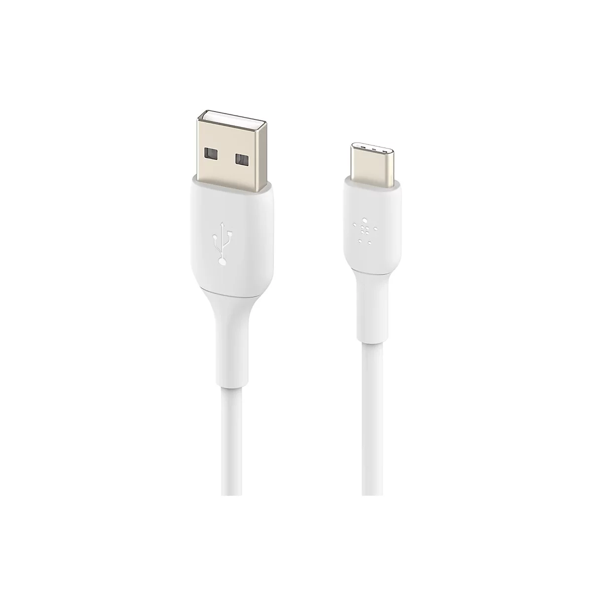 Câble USB-C blanc à côté du connecteur USB-A, les deux avec logo sur fond blanc.