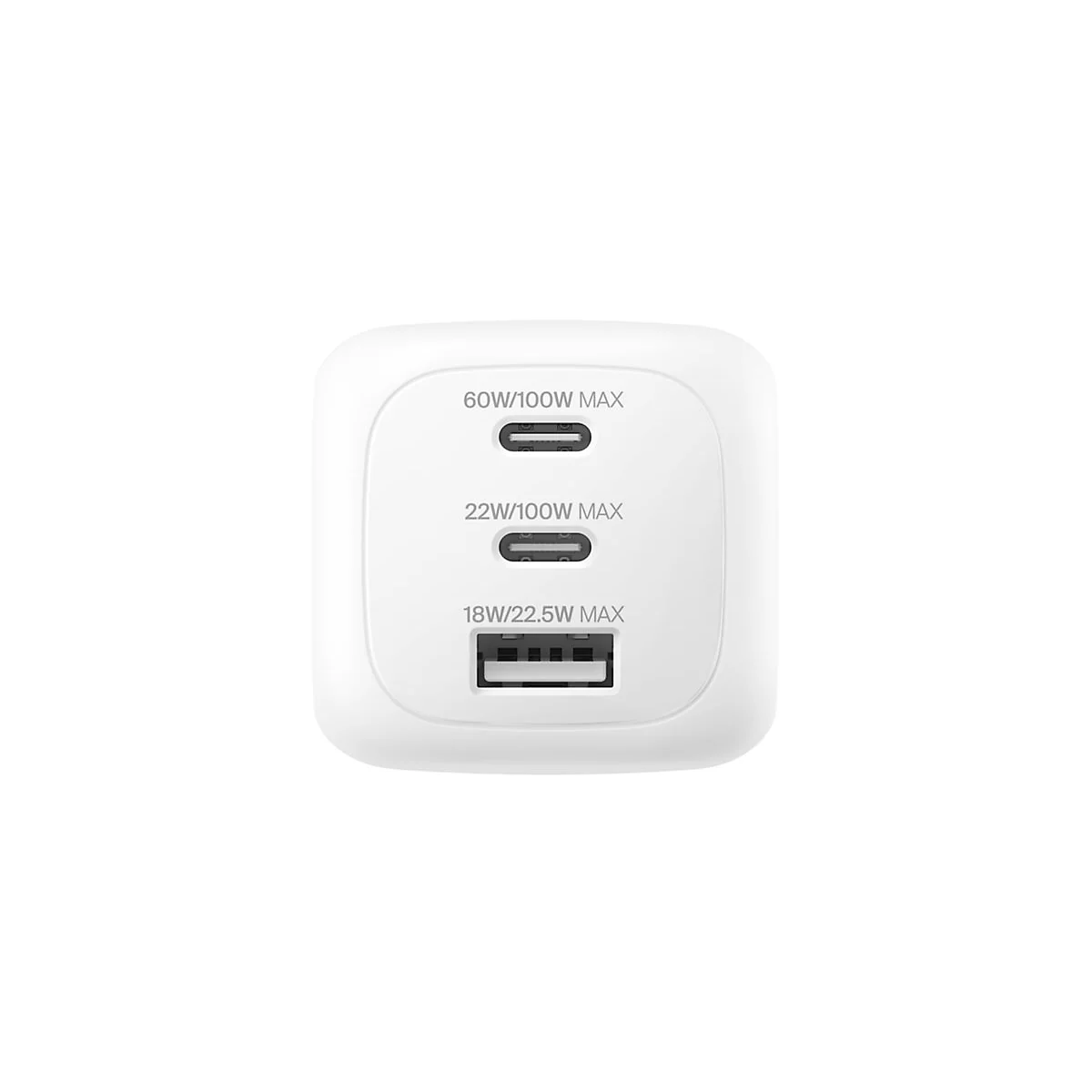 Chargeur blanc avec trois ports, étiquetés avec les puissances.
