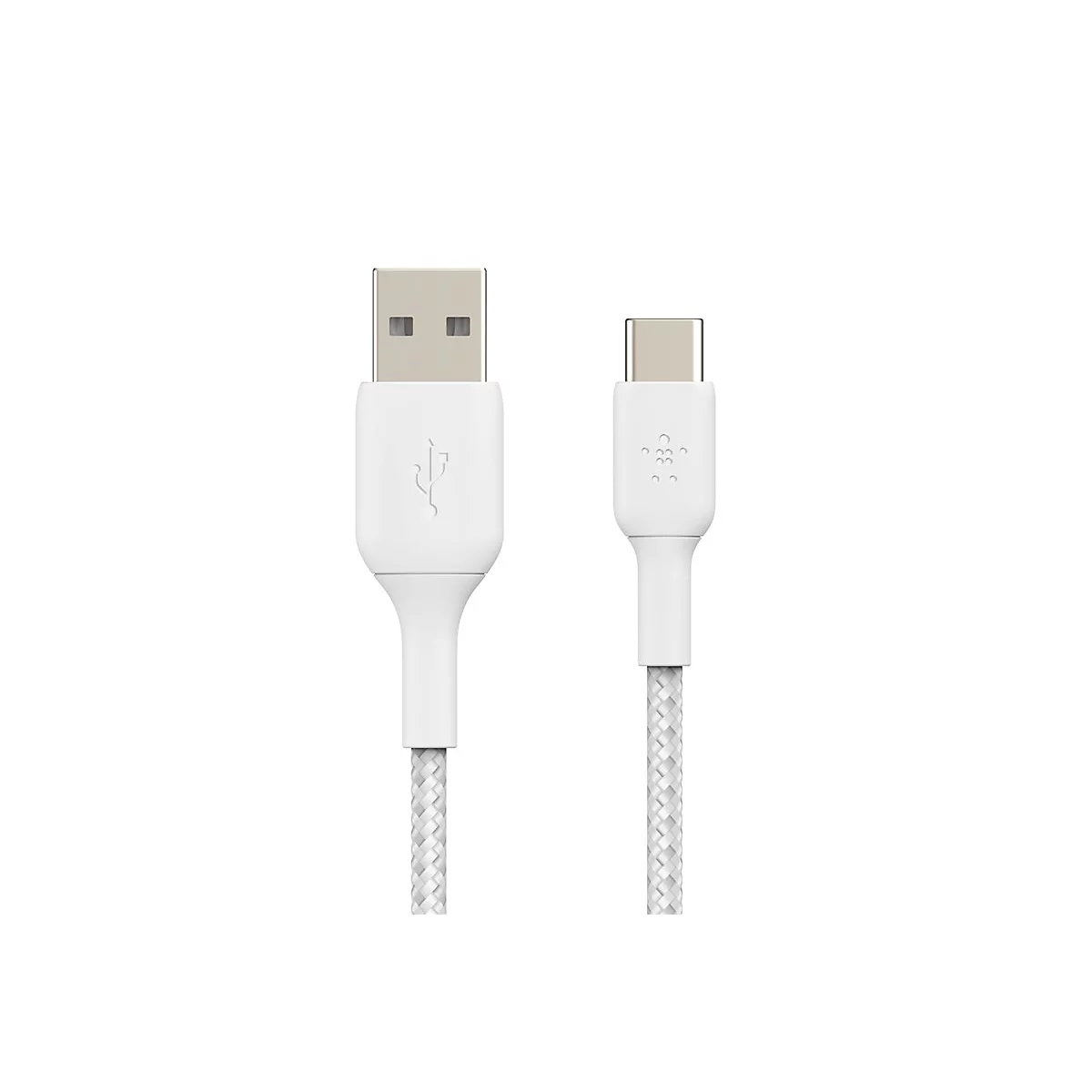 Câble USB-C blanc. À gauche se trouve un connecteur USB-A, à droite un connecteur USB-C, tous deux avec des boîtiers en plastique blanc.