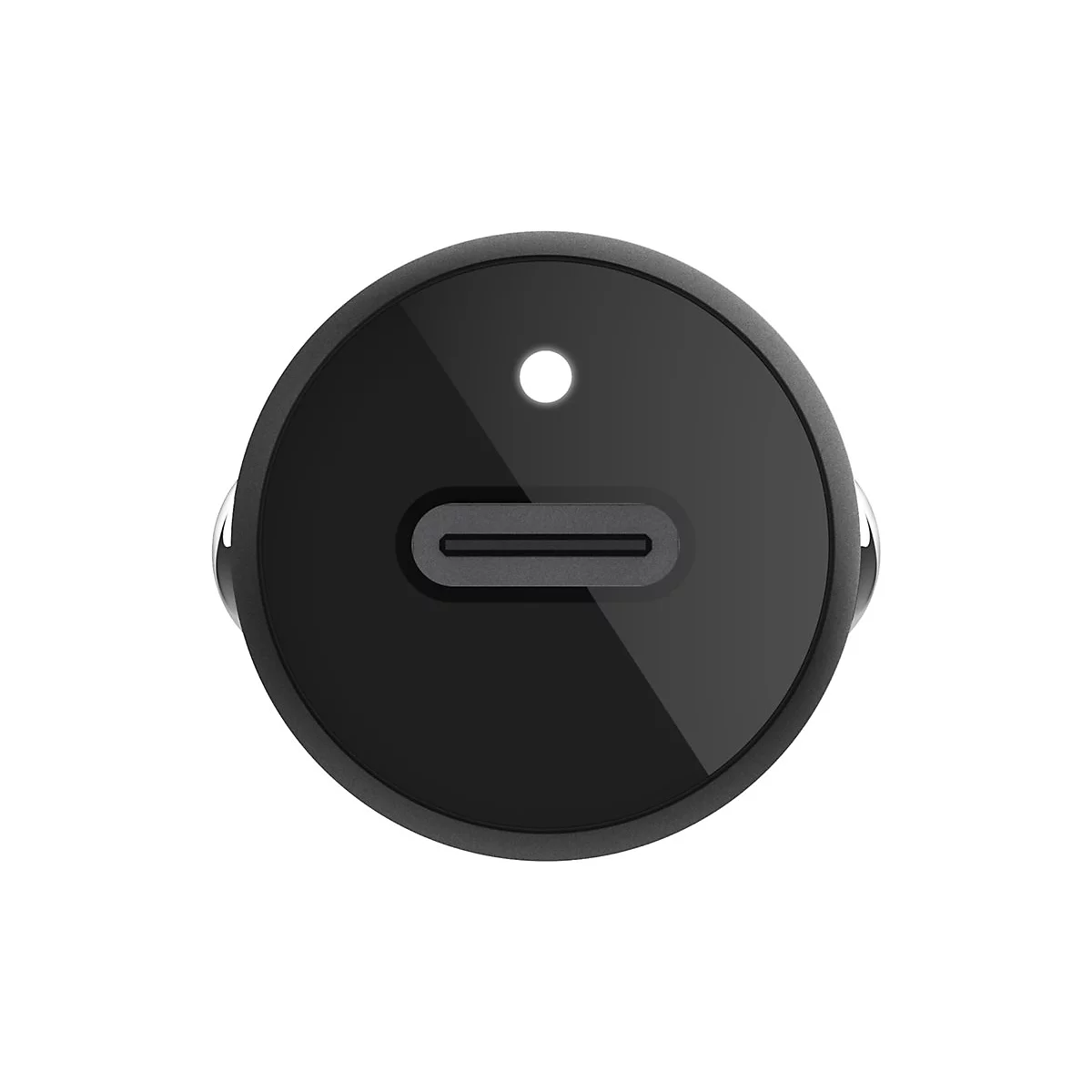 Vue de dessus d'un chargeur USB-C noir avec un design circulaire et un seul voyant lumineux blanc.