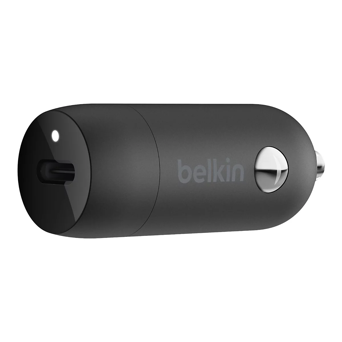 Schwarzes Belkin-Autoladegerät mit USB-C-Anschluss, Leuchte, und Logo.