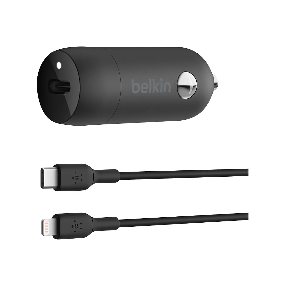 Schwarzes Belkin-Ladegerät mit USB-C und Lightning-Kabeln. Das Ladegerät hat einen weißen Knopf, daneben steht "belkin".