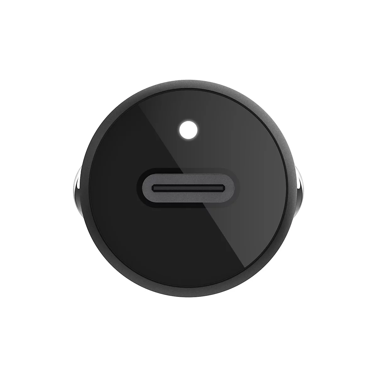 Nahaufnahme eines schwarzen USB-C-Autoladegeräts mit silbernem Rand und weißem Licht.