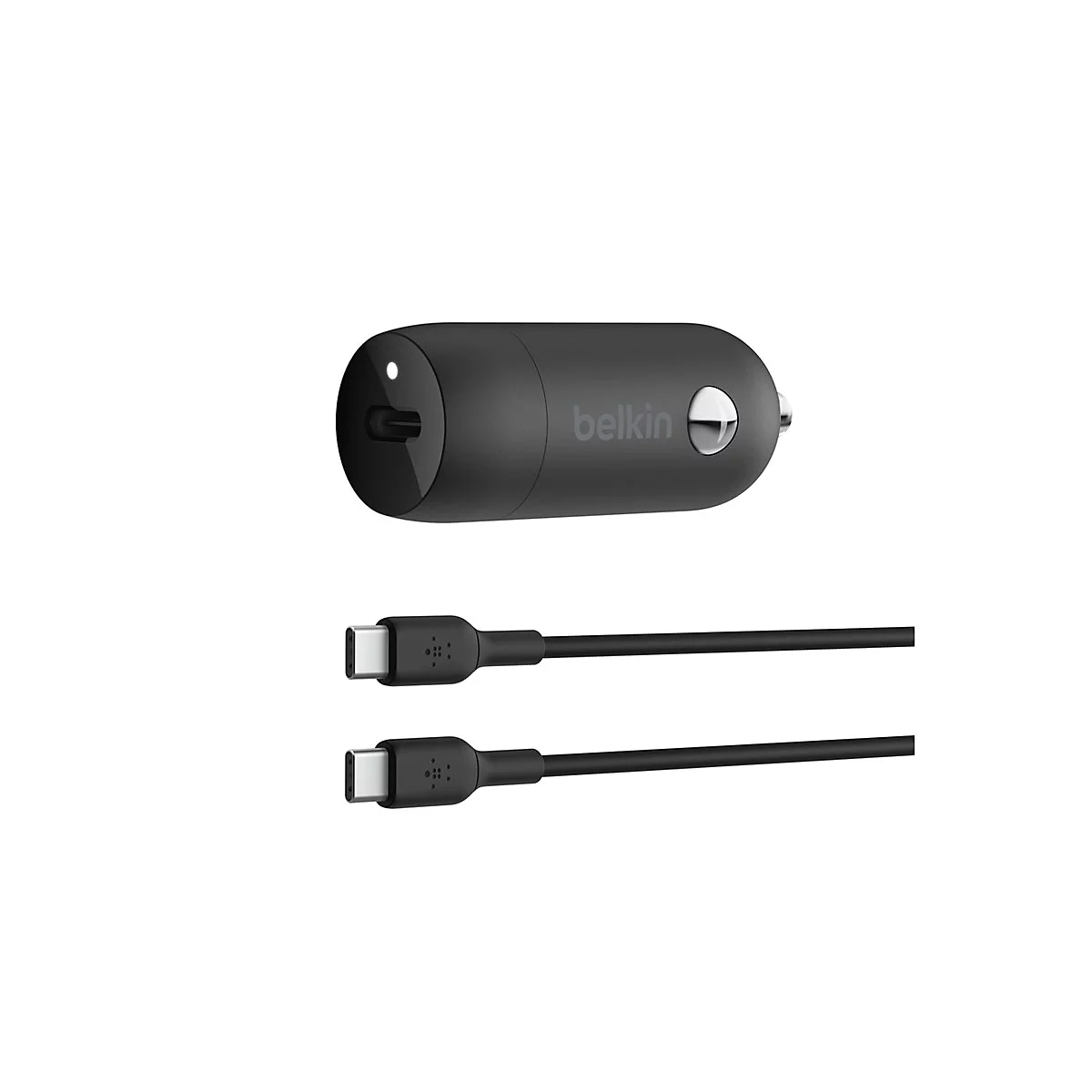 Schwarzes Belkin-Autoladegerät mit zwei USB-C-Kabeln.