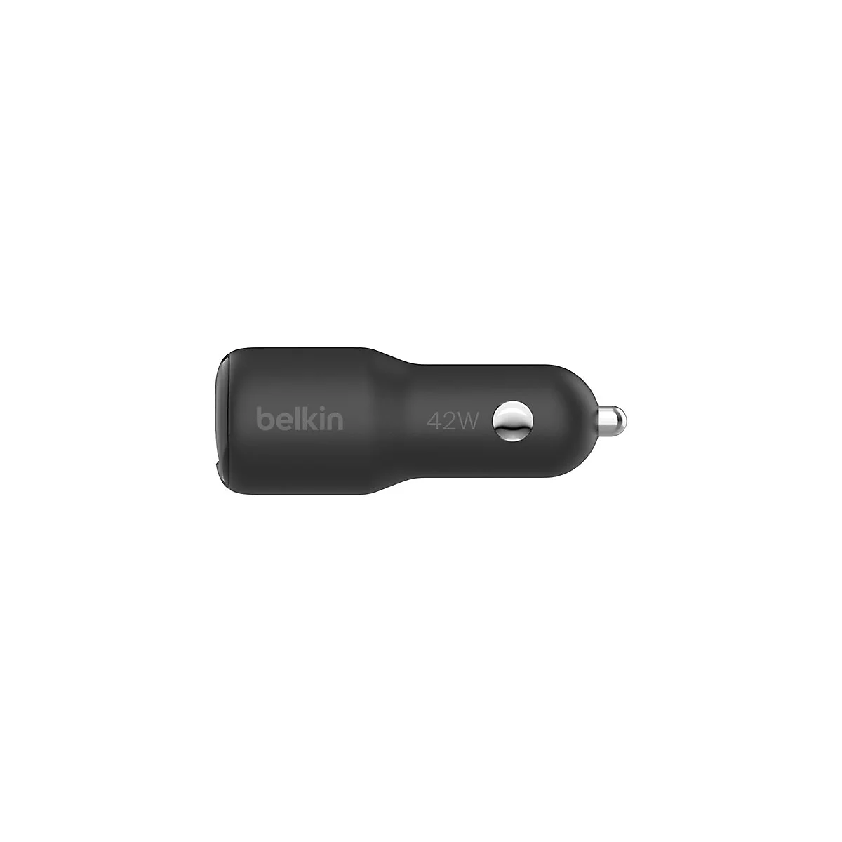 Un chargeur noir de Belkin avec l'inscription "42W" sur fond blanc.