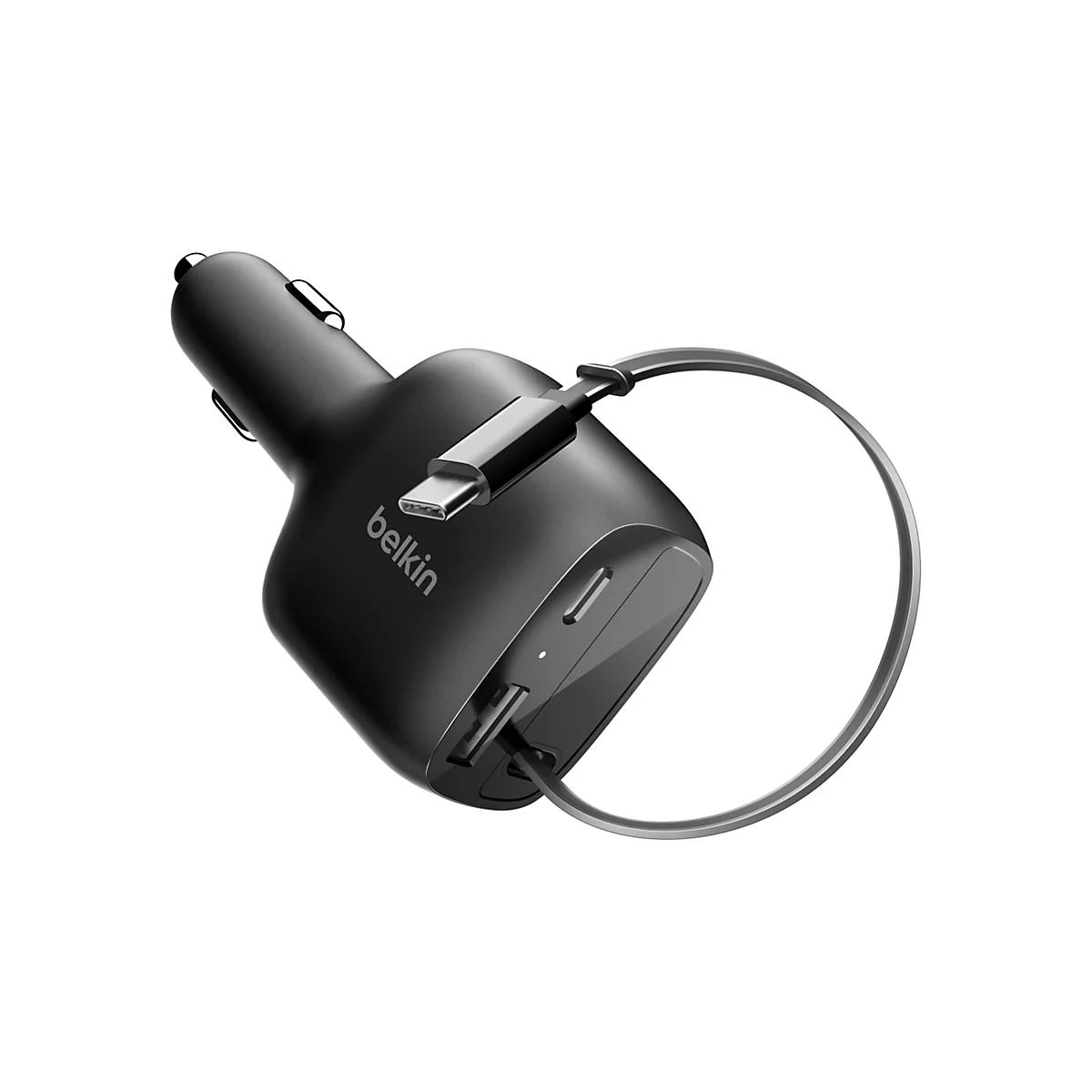 Schwarzes Belkin-Autoladegerät mit USB-C-Kabel. Das Gerät hat zwei USB-Anschlüsse und ist auf weißem Hintergrund abgebildet.