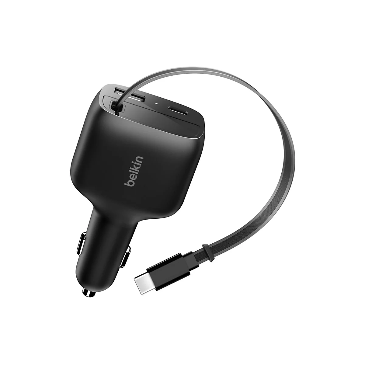 Schwarzes Belkin-Autoladegerät mit USB- und USB-C-Anschlüssen und angebundenem Kabel.