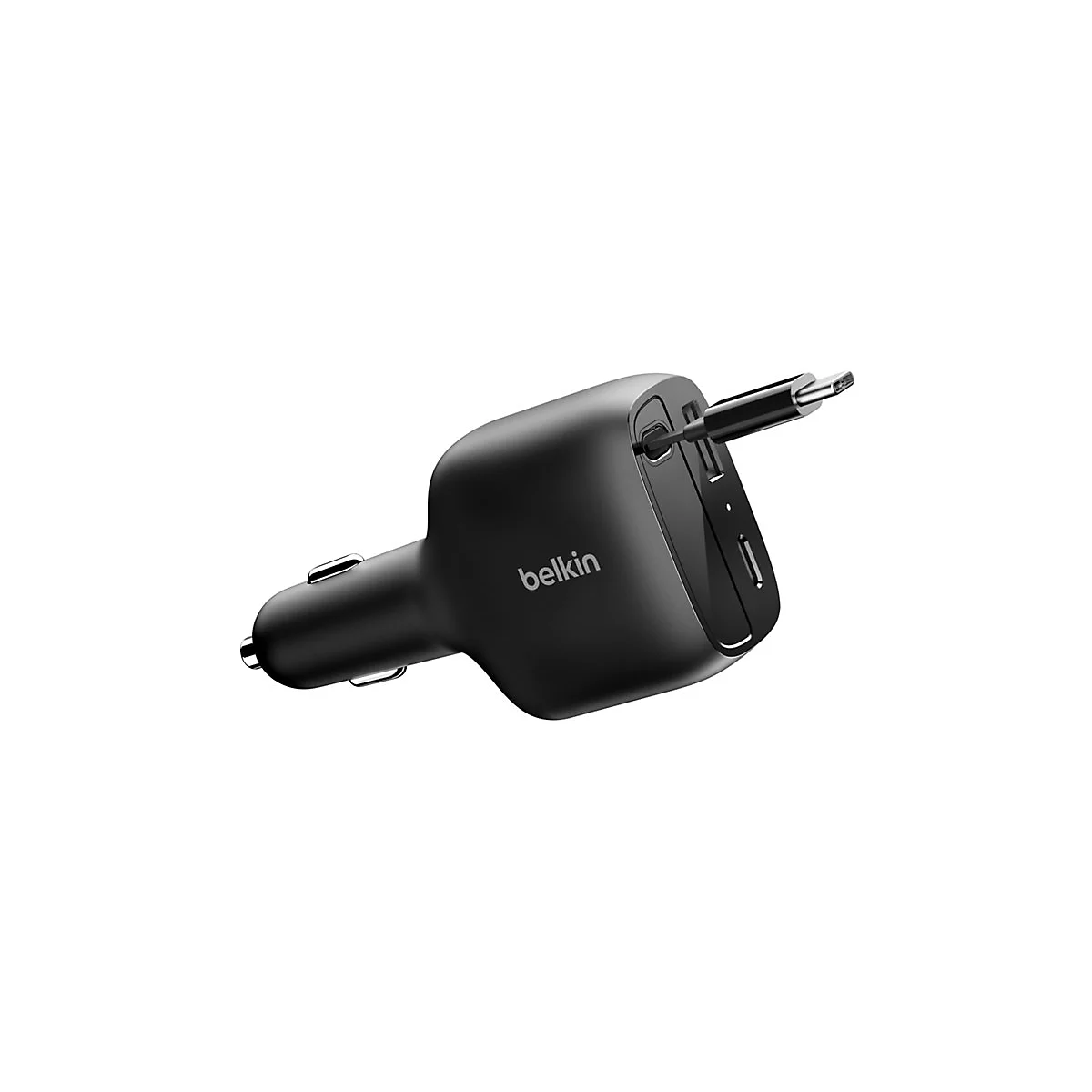 Schwarzer Belkin-USB-Autoladegerät mit USB-C-Anschluss, der aus der Seite herausragt. Das Gerät hat das Belkin-Logo.
