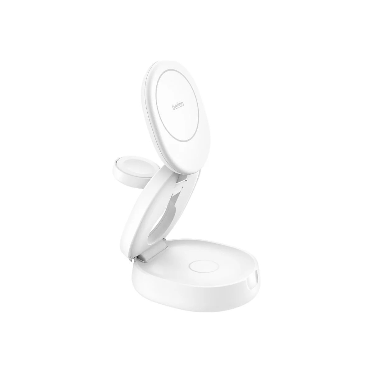 Weißes, zusammenklappbares Ladegerät von Belkin für Handy und Apple Watch, auf weißem Hintergrund.