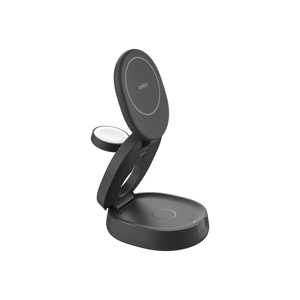 Schwarze Belkin Ladestation für Apple Watch und iPhone. Runde Basis, vertikale Ladefläche und Watch-Aufladebereich.