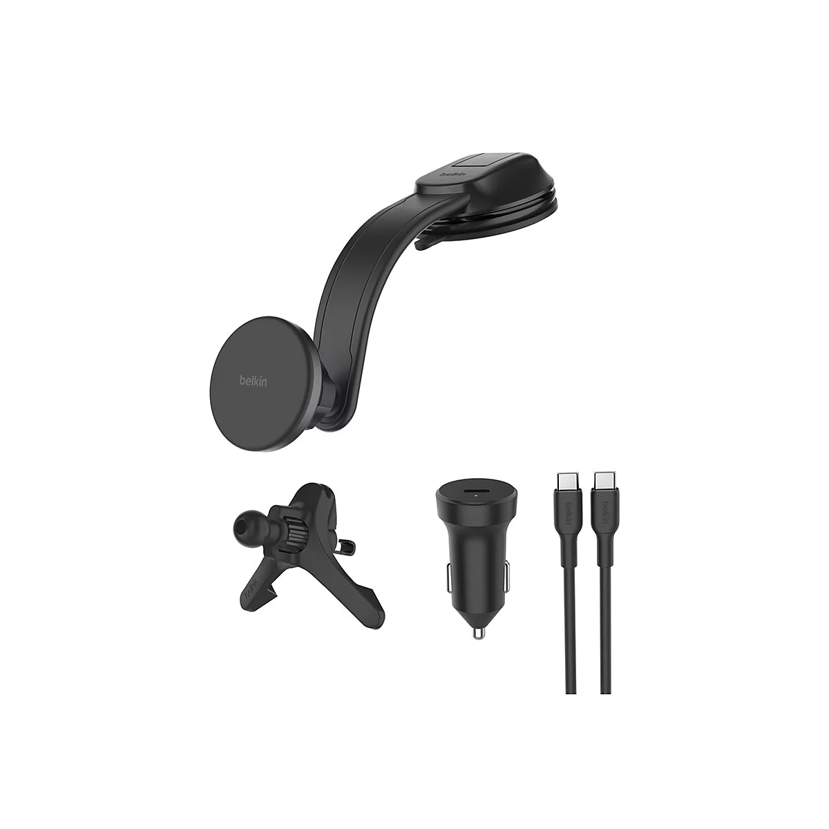 Schwarze Autohalterung mit Saugnapf und Belkin-Logo, Ladekabel und Adapter auf weißem Hintergrund.