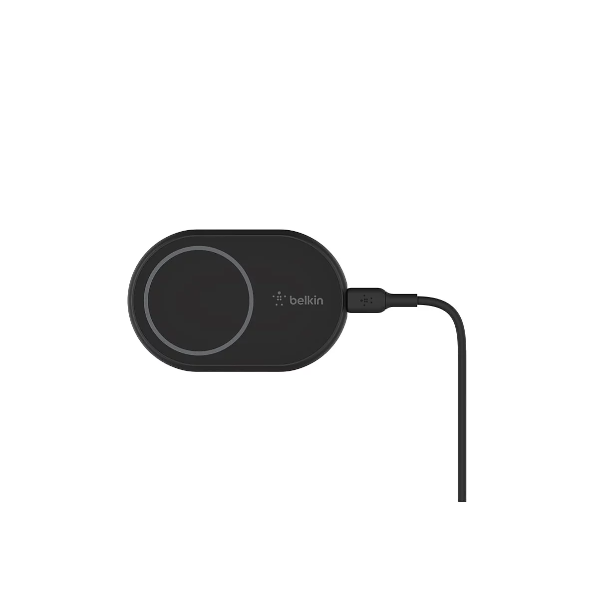 Drahtloses Ladegerät in Schwarz mit dem Logo "belkin". Auf der runden Ladefläche ein grauer Kreis.