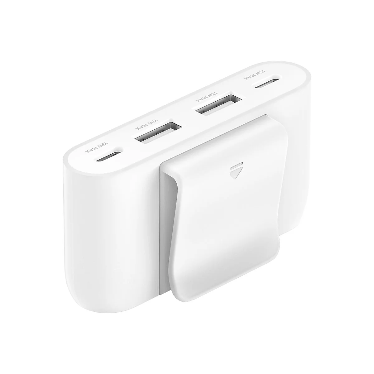 Weißer Powerbank mit zwei USB-Anschlüssen und einem Clip. Auf der Oberseite steht „15W MAX“ und „12W MAX“.