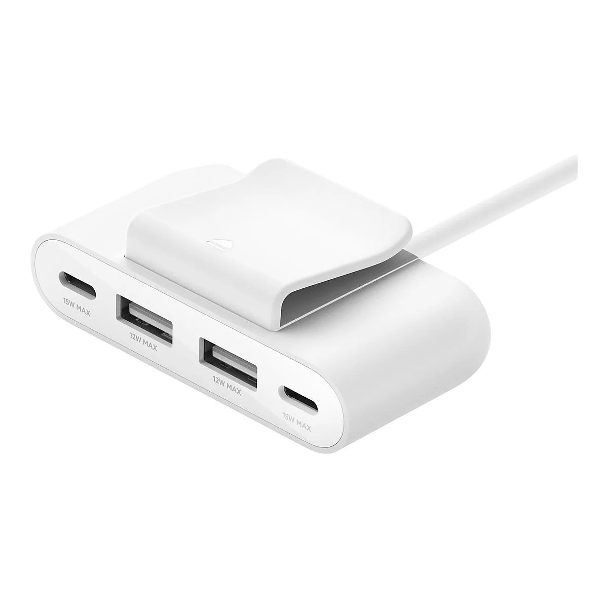 Weißer USB-Ladegerät-Adapter mit drei Anschlüssen und einem Kabelfach.