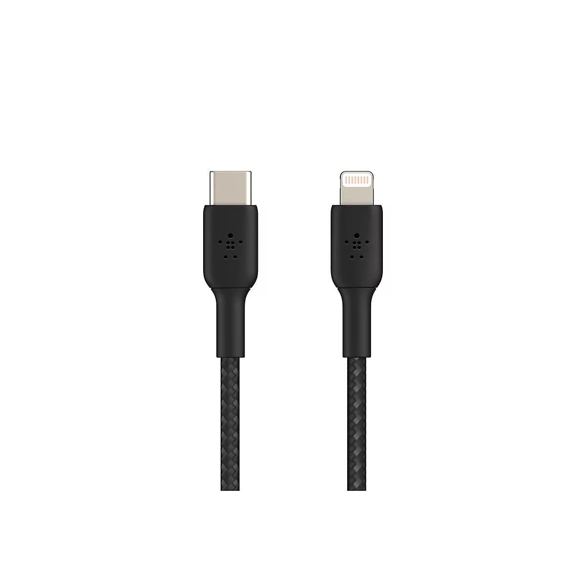 Schwarzes USB-C auf Lightning-Kabel mit geflochtenem Kabel und weißen Hintergrund.
