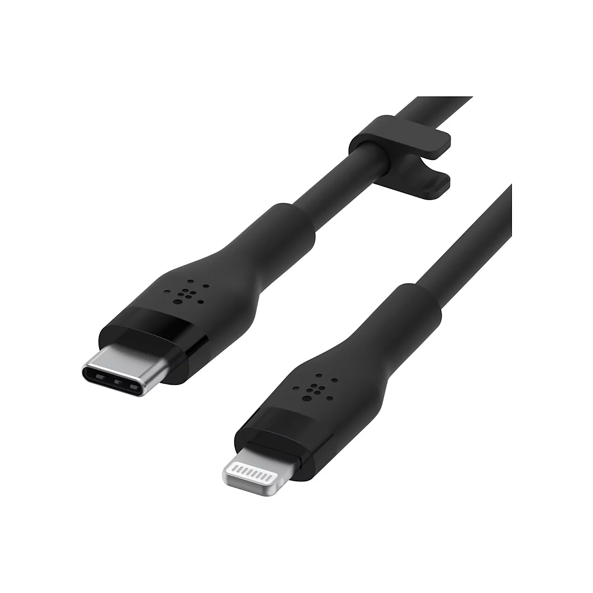 Schwarzes USB-C-auf-Lightning-Kabel. Der USB-C-Anschluss ist silberfarben. Das Kabel hat ein Klettband zur Kabelführung.