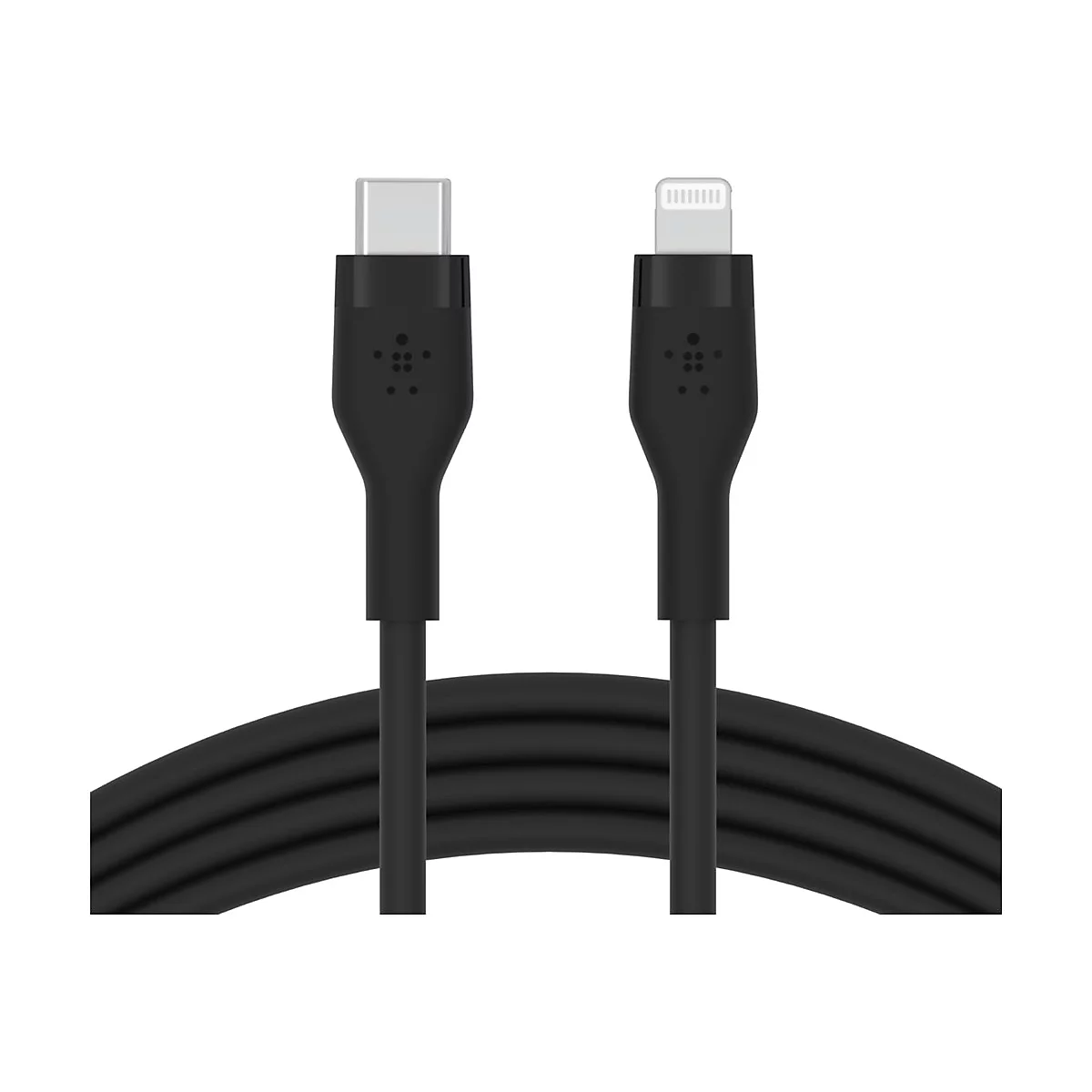 Schwarzes Ladekabel mit USB-C und Lightning-Anschluss, weißer Hintergrund.