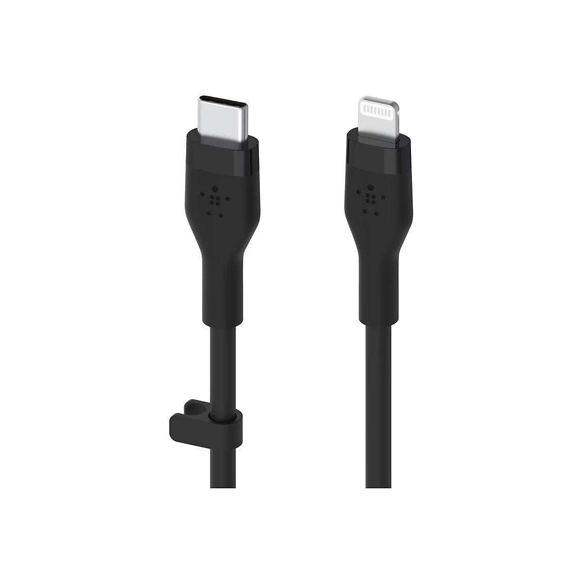 Zwei schwarze Ladekabel. Eines mit USB-C-Anschluss, das andere mit Lightning-Anschluss. Beide Kabel haben Belkin-Logo.