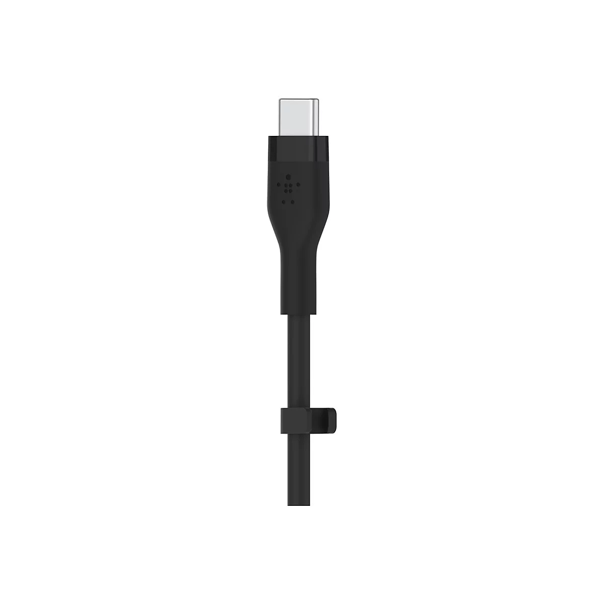 Schwarzes USB-C-Kabel vor weißem Hintergrund. Stecker mit Belkin-Logo und Kabelhalter.