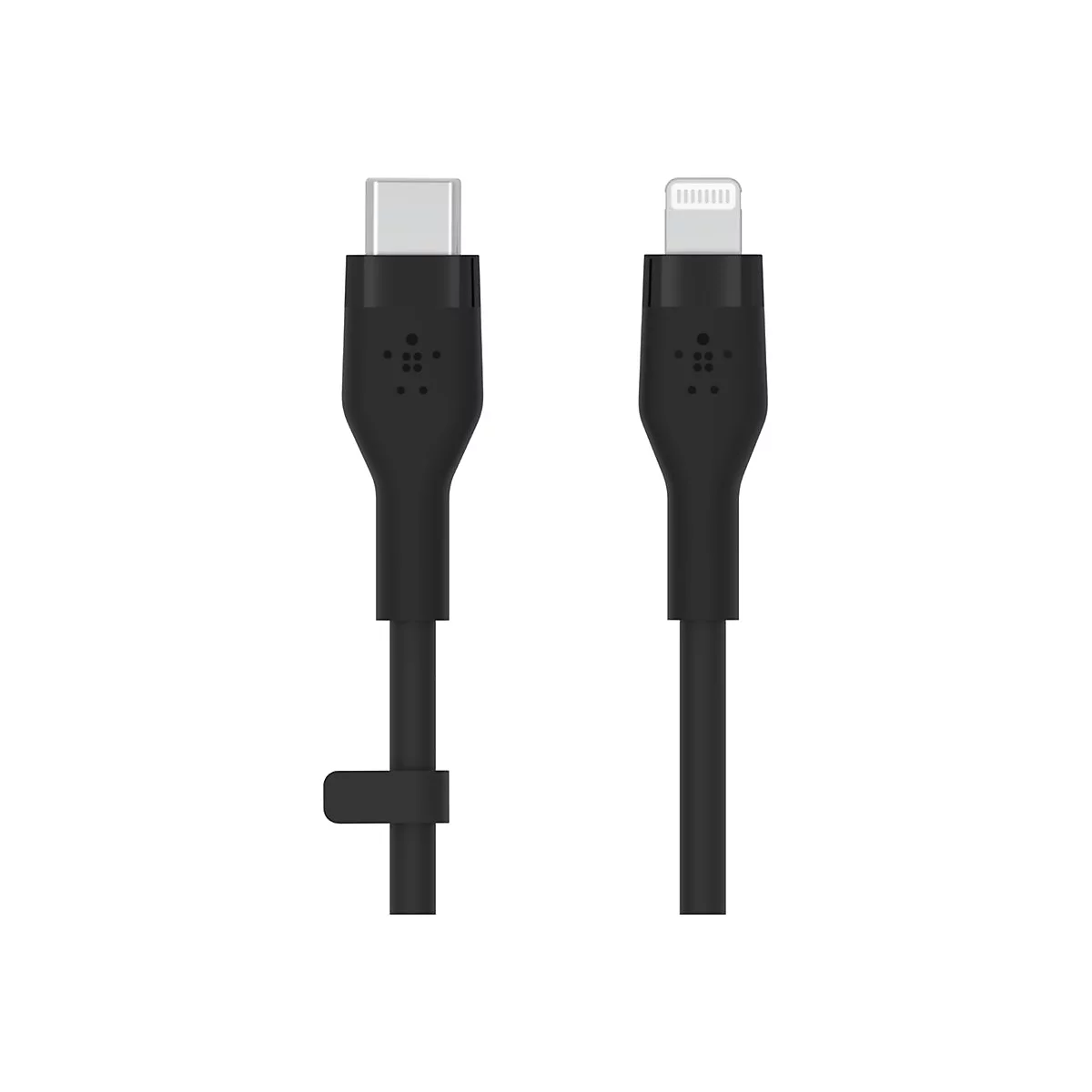 Zwei schwarze Ladekabel. Eines mit USB-C-Anschluss, das andere mit Lightning-Anschluss, beide mit Logo auf weißem Hintergrund.