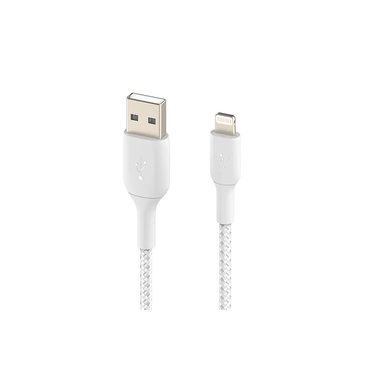 Weißes Lightning- auf USB-Kabel. Auf weißem Hintergrund. Stecker mit Belkin-Logo.