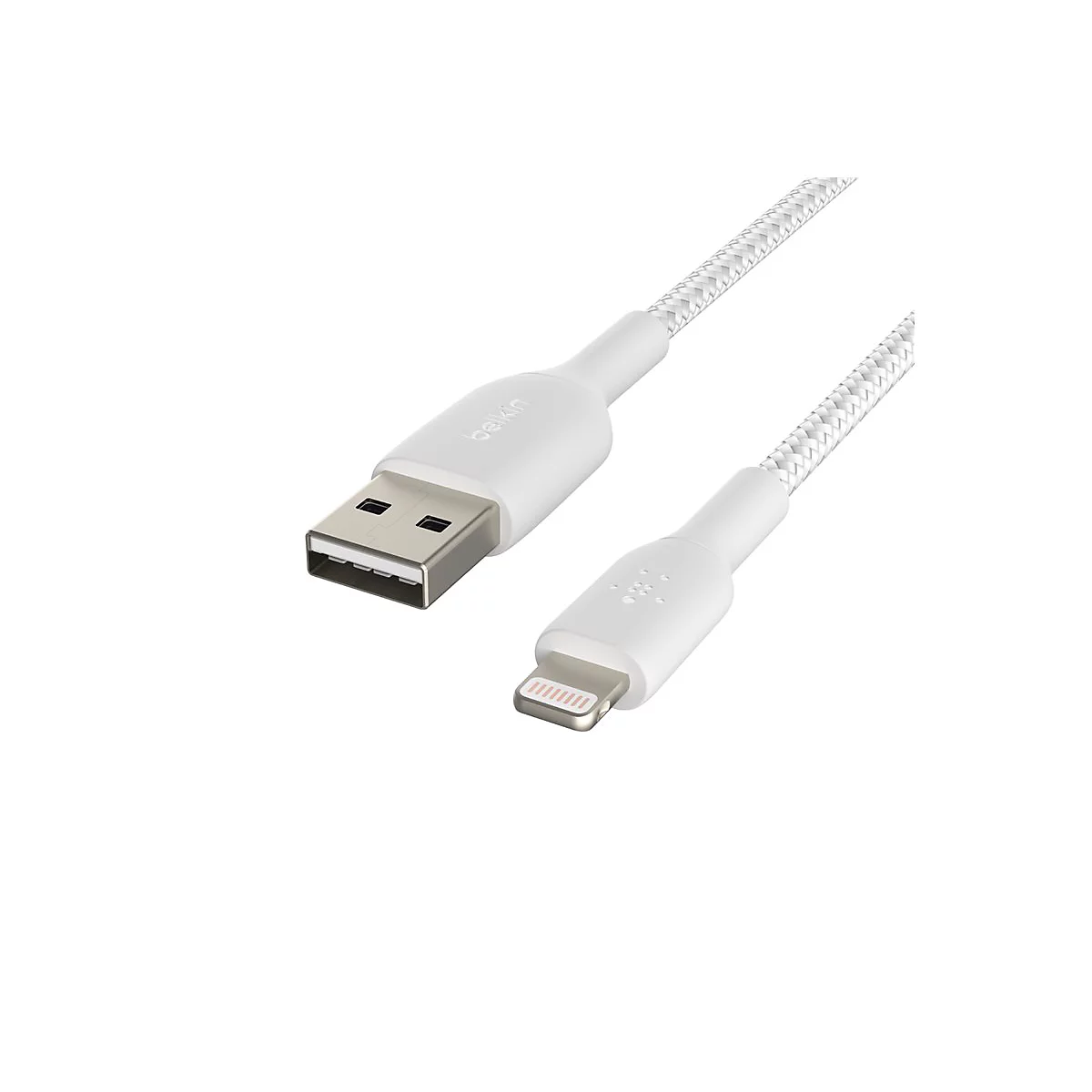 Weißes Lightning-Kabel. Auf einem weißen Hintergrund ist das Kabel diagonal angeordnet, das USB-Ende oben links, das Lightning-Ende unten rechts.