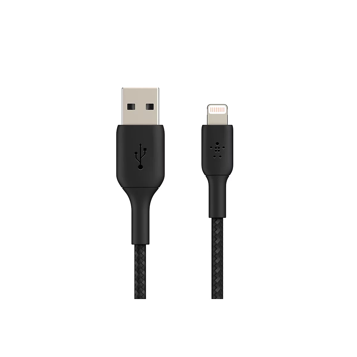Ein schwarzes USB-Ladekabel mit Lightning-Anschluss. Das Kabel hat ein geflochtenes Design.