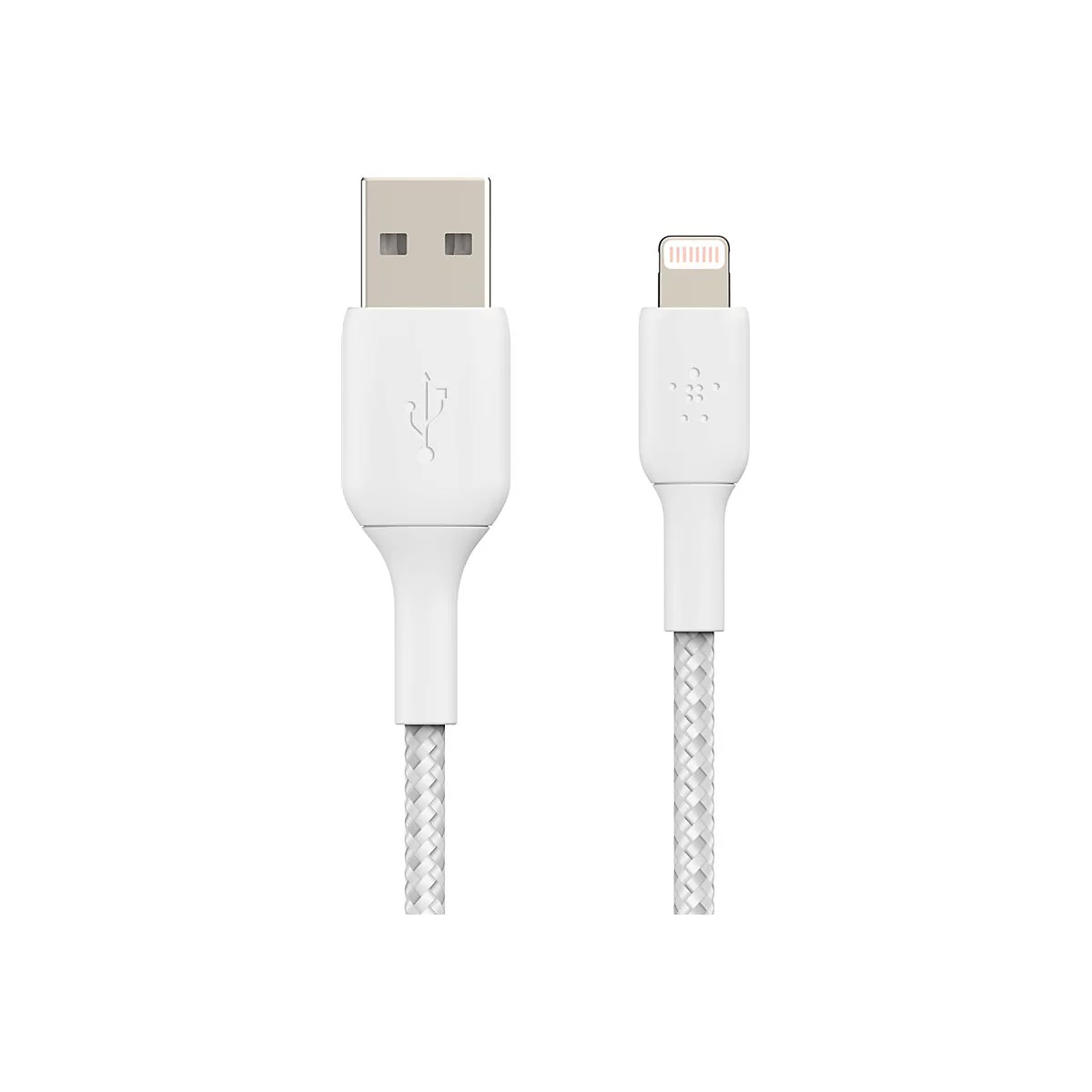 Weißes USB-Ladekabel mit Lightning-Anschluss. Beide Enden sind sichtbar, mit einem geflochtenen Kabel dazwischen.