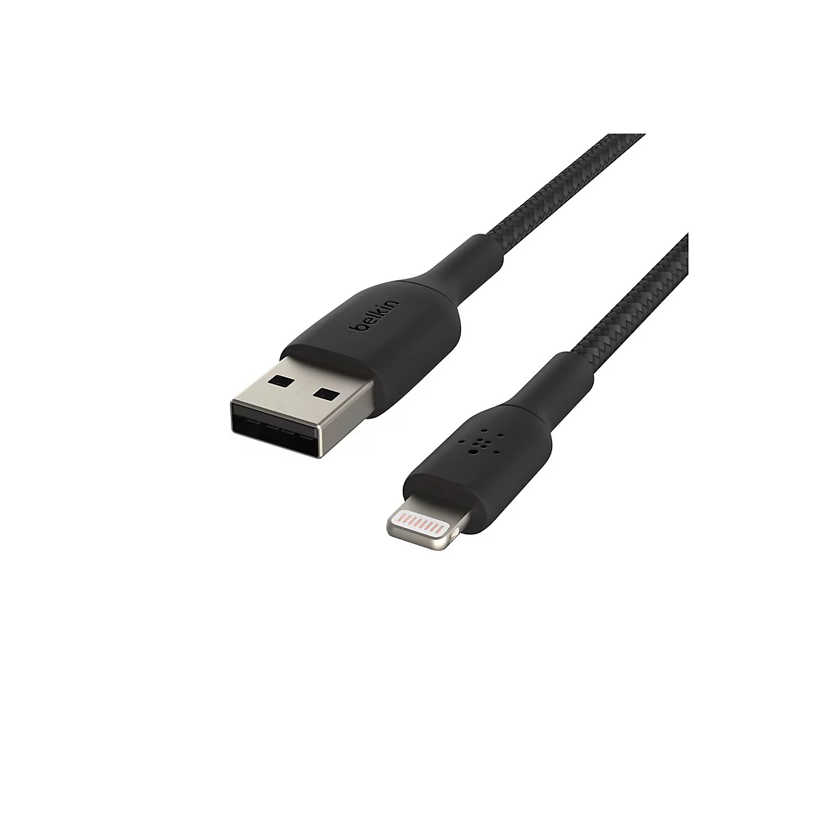 Ein schwarzes USB-auf-Lightning-Kabel von Belkin. Das Kabel ist mit einer geflochtenen Textur versehen.