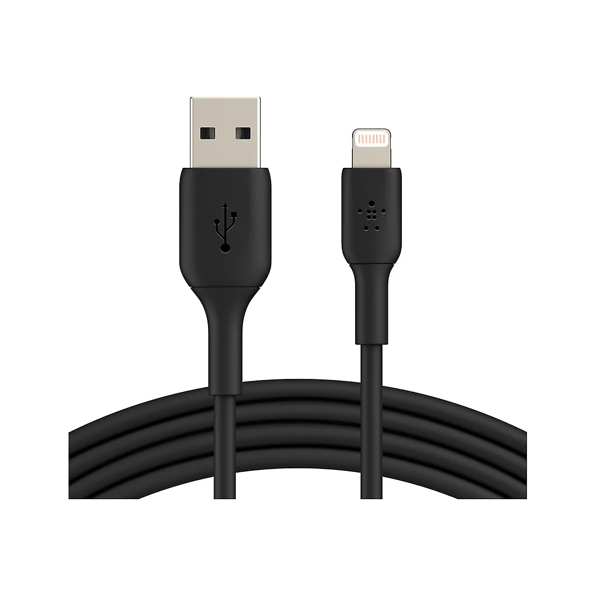 Ein schwarzes USB-Ladekabel mit USB-A- und Lightning-Anschlüssen. Das Kabel hat eine Belkin-Markierung.