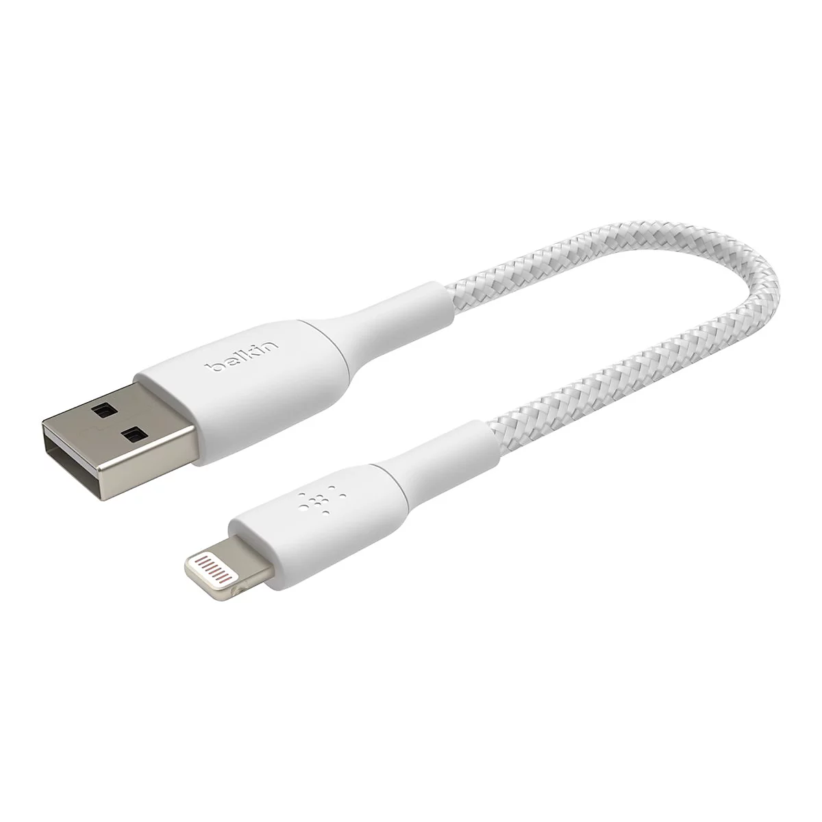 Weißes USB-Ladekabel mit geflochtenem Kabel, an einem Ende USB-A, am anderen Lightning.
