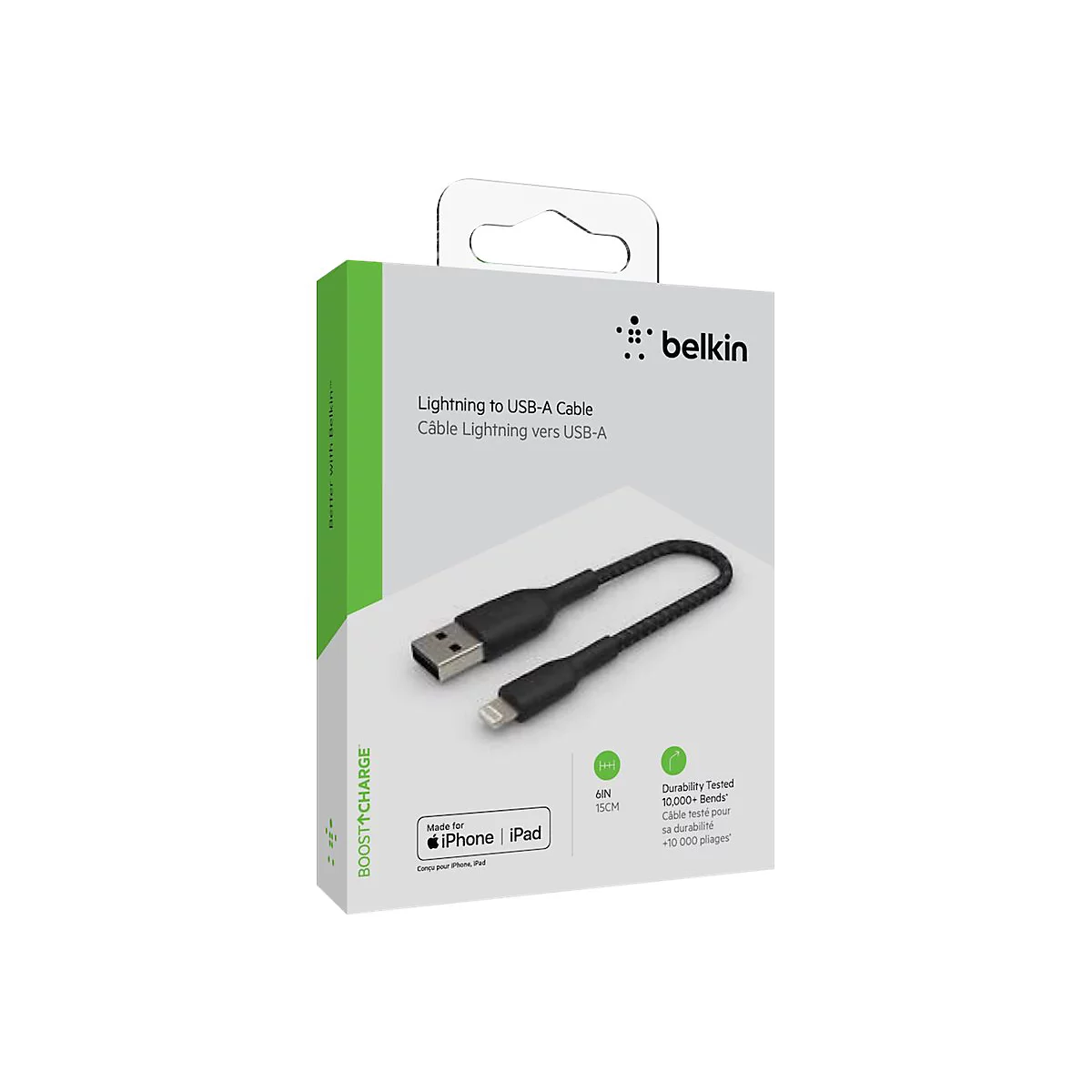 Schwarzes Lightning-auf-USB-A-Kabel auf einer weißen Verpackung mit Belkin-Logo. Beschriftung: 'Lightning to USB-A Cable'.