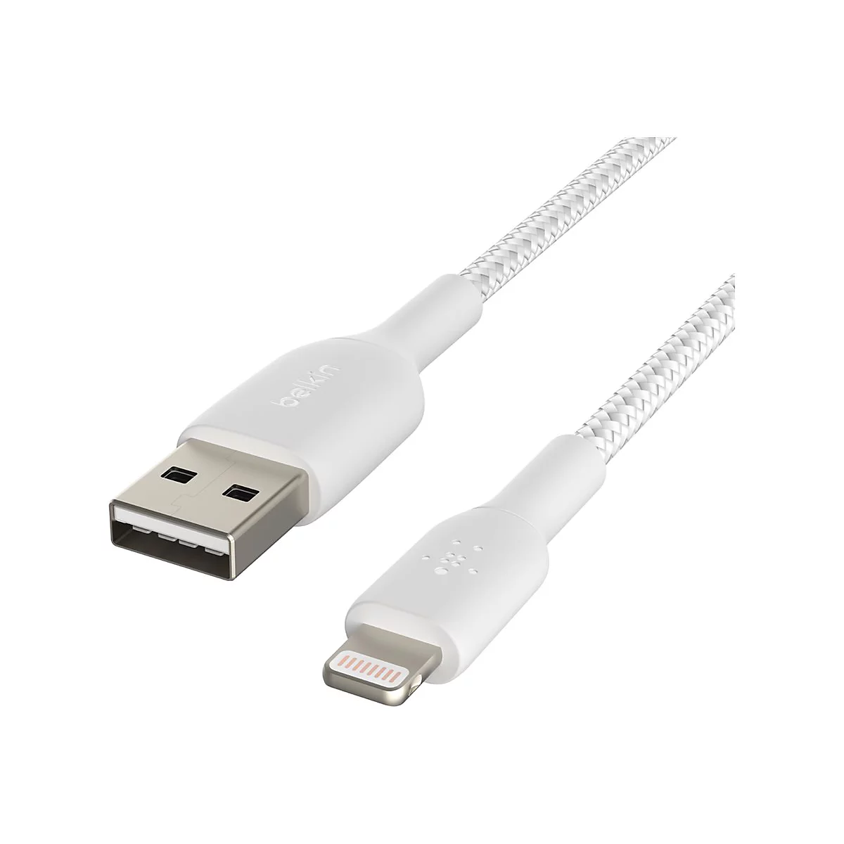 Weißes Lightning- auf USB-A-Kabel von Belkin. Das Kabel hat eine Textilummantelung.