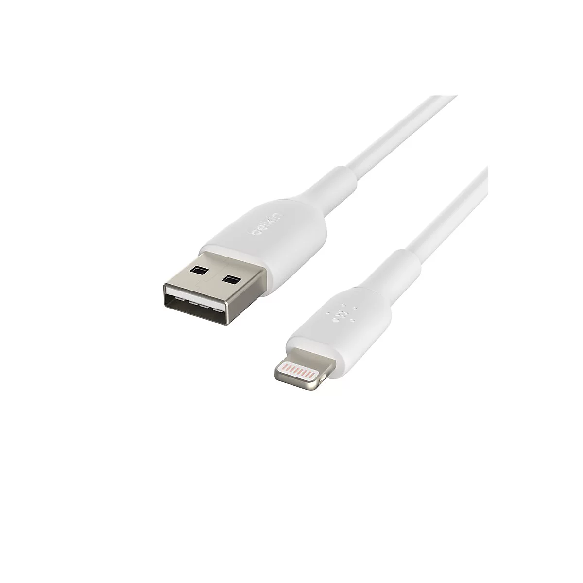 Weißes Lightning-Kabel. Aufschrift Belkin. USB-A- und Lightning-Anschluss.