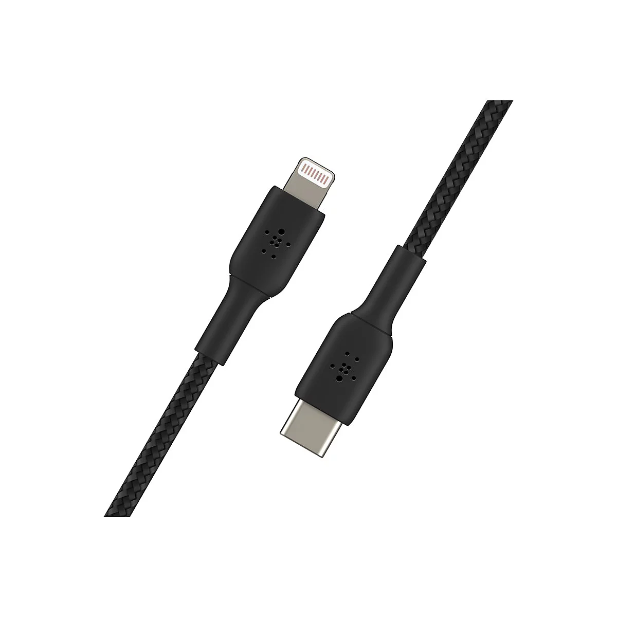 Schwarzes USB-C-auf-Lightning-Kabel auf weißem Hintergrund. Beide Enden sind sichtbar.