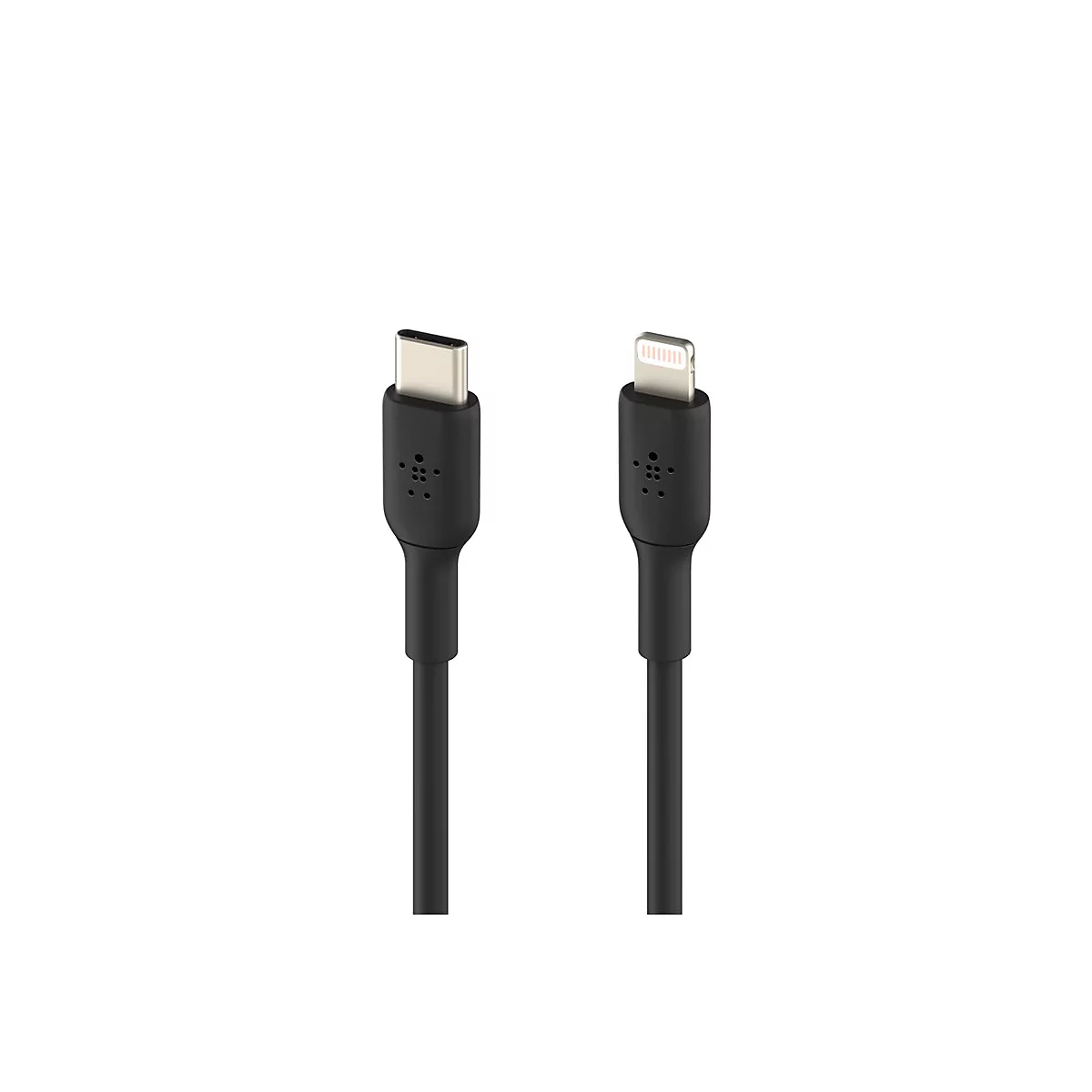 Schwarzes Ladekabel mit USB-C und Lightning-Anschluss, vor weißem Hintergrund.