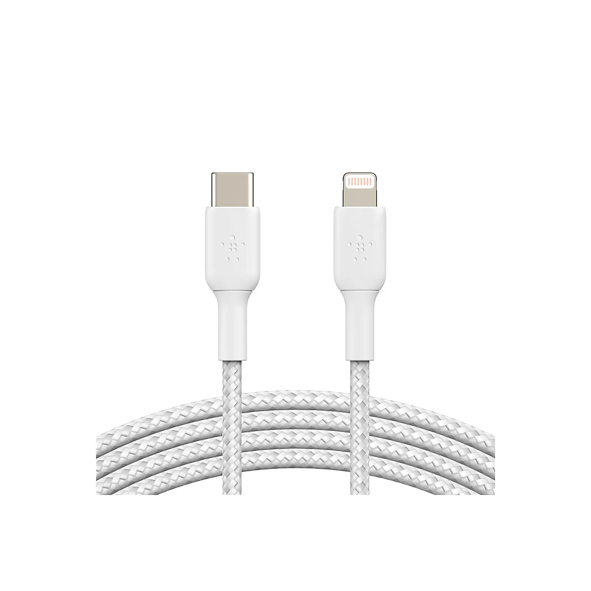 Weißes Ladekabel mit USB-C und Lightning-Anschluss, geflochtenes Kabel, Belkin-Logo.