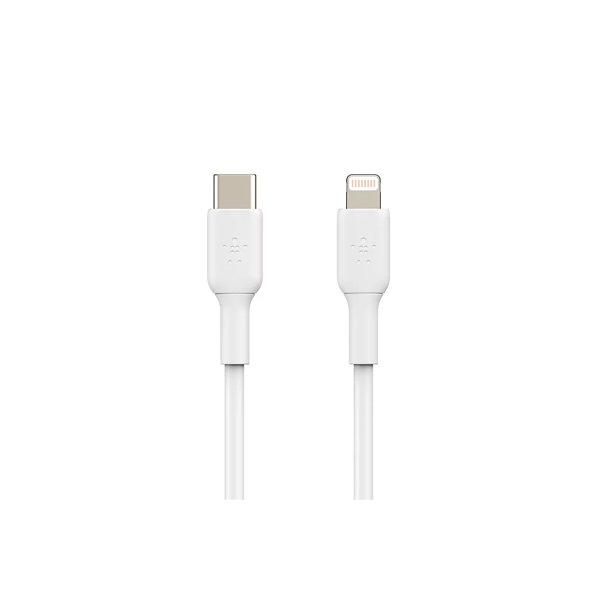 Zwei weiße Ladekabel, links USB-C, rechts Lightning.